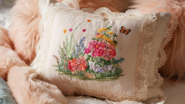 haftowana poduszka z kwiatowym wzorem